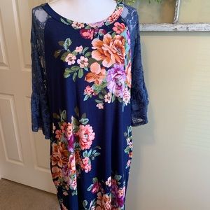 Blue Floral Dress with Lace Bell Sleeves & Pockets